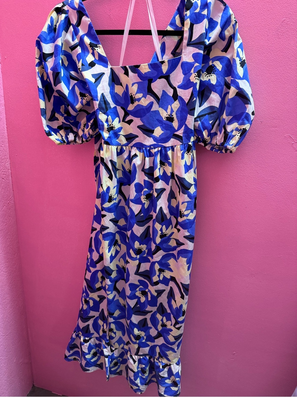 Girls Blue Floral Puff-Sleeve Dress